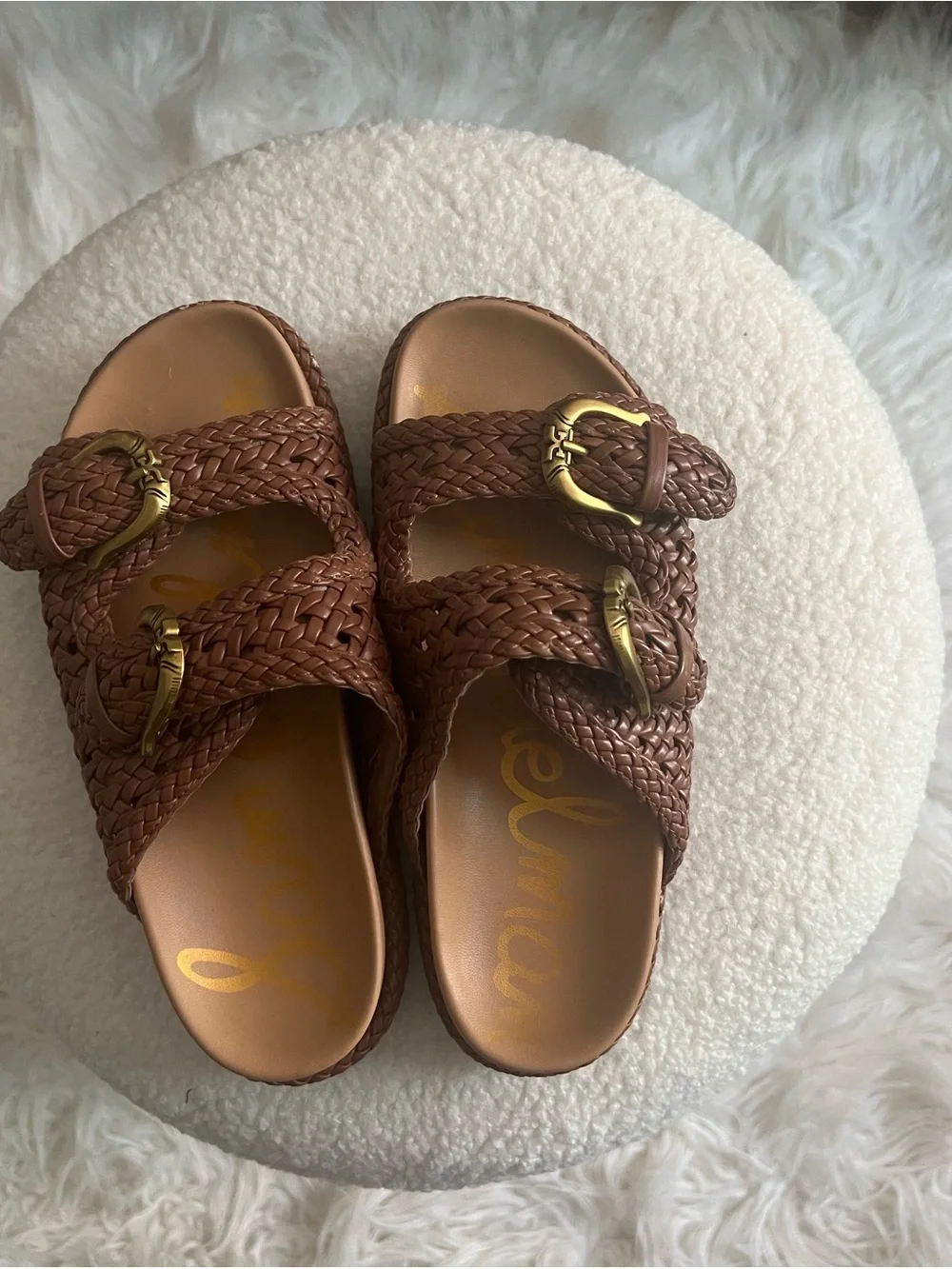 Sam Edelman Brown Woven Slide Sandals with Gold Buckles